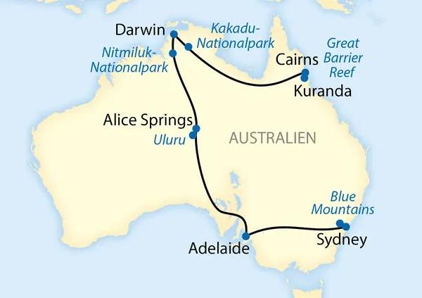 Map of a train journey through Australia
